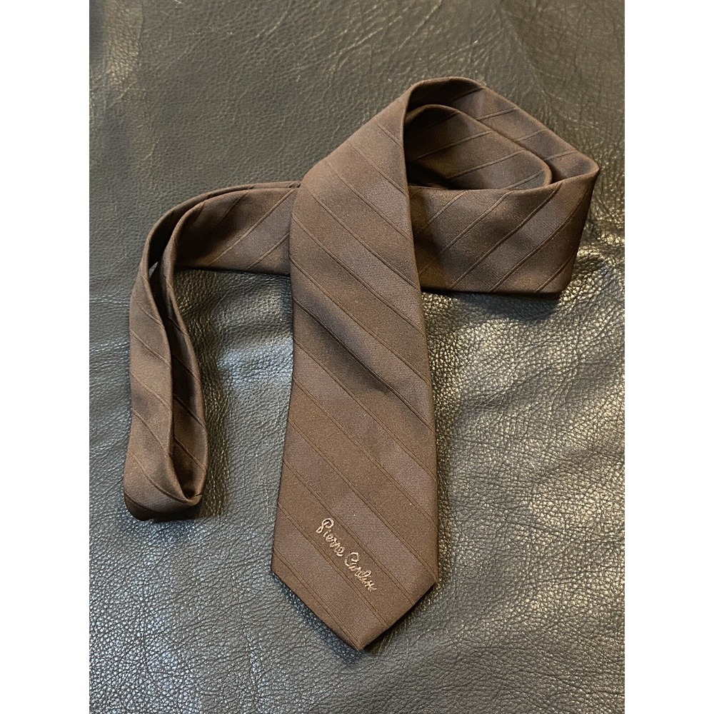 Pierre Cardin Vintage Men's Tie Brown Diagonal Stripes Polyester Logo Slim Style